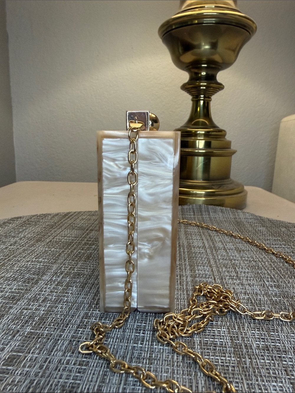 Pearlescent Beige Acrylic Box Clutch with Gold Chain - Picture 4 of 6